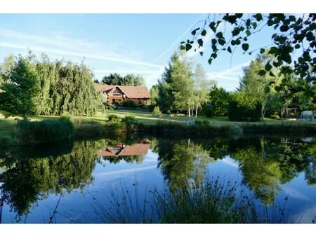 superbe maison en rondins de bois  avec un superbe jardin et un étang.