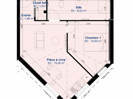 appartement 2 pièces - 42m² - avoudrey