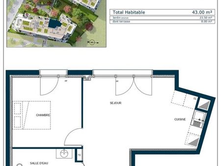 dernière opportunité appartement 2 pièces de 43m² avec une terrasse de 8m² et un jardin de