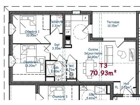 t3 de 85.35 m2 avec terrasse