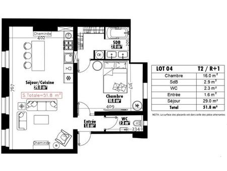 vente appartement 2/3 pièces 51.8 m²