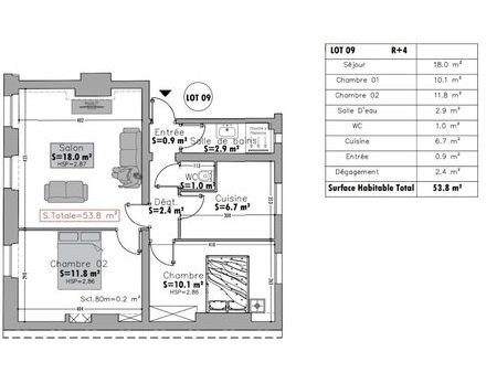 vente appartement 3 pièces 53.8 m²