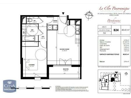 location appartement caluire-et-cuire (69300) 2 pièces 48.43m²  765€