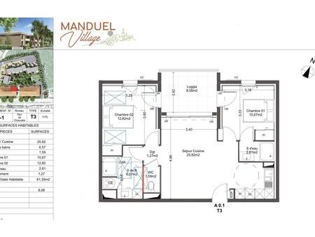 vente appartement 3 pièces 61 m² manduel (30129)