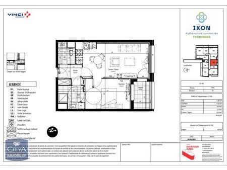 location appartement tourcoing (59200) 2 pièces 44.42m²  593€