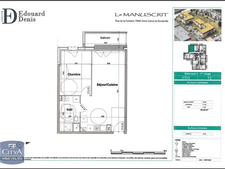 location appartement notre-dame-de-bondeville (76) 2 pièces 43.64m²  590€