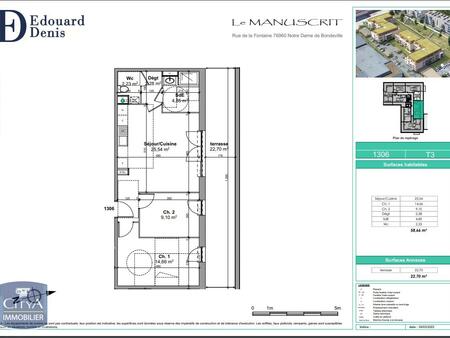 appartement 3 pièces - 58m² - notre dame de bondeville